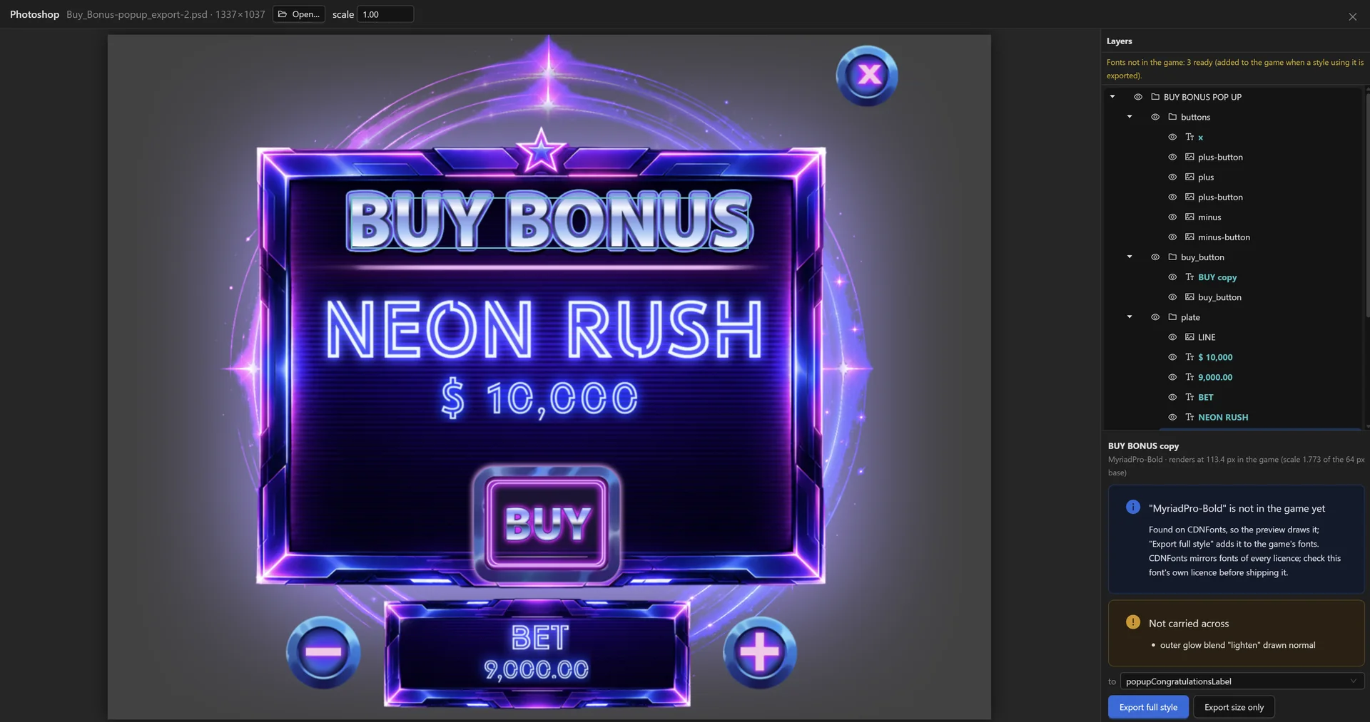 The PSD importer: a Buy Bonus popup's Photoshop file, its layers, and one text layer's style ready to export into the game