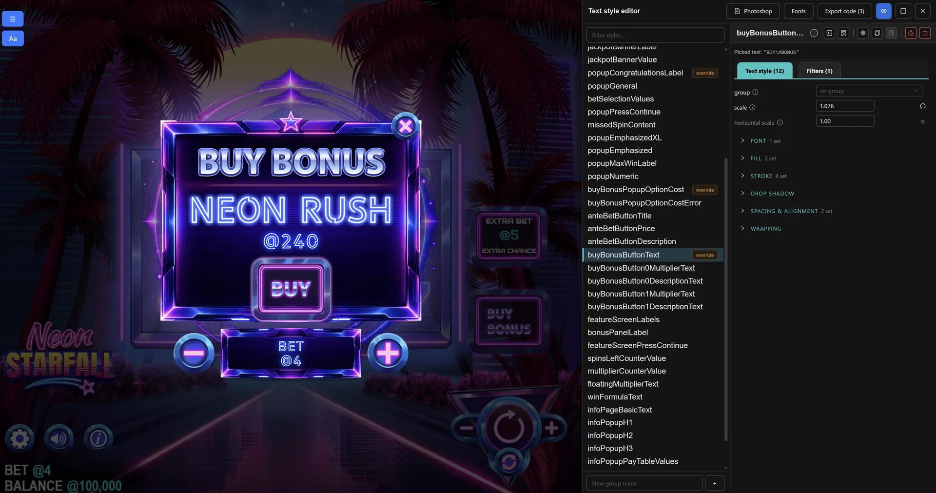 The same popup in Neon Starfall with the in-game text style editor open