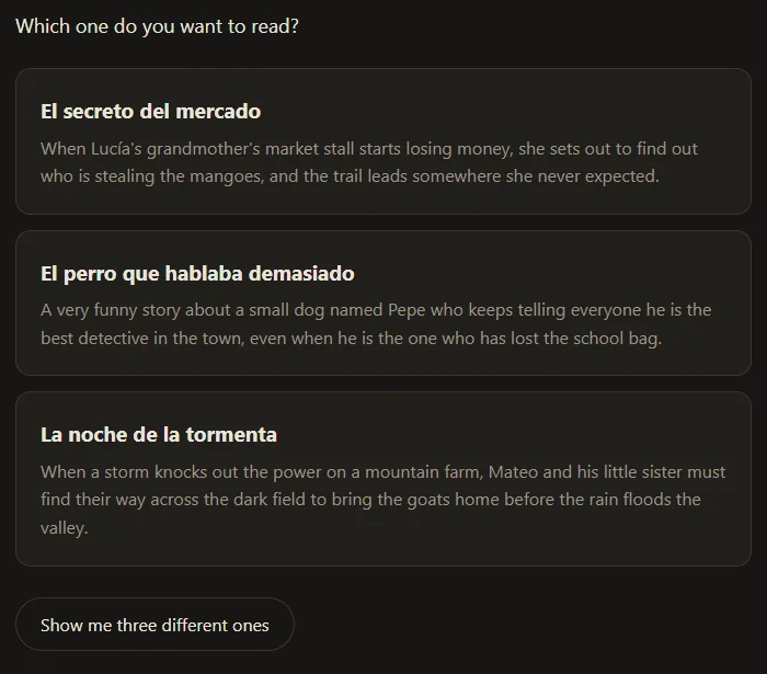 Three Spanish stories to choose from, each with a one-line description in English