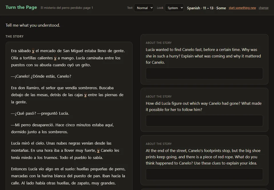 The questions after page one, with the story open beside them
