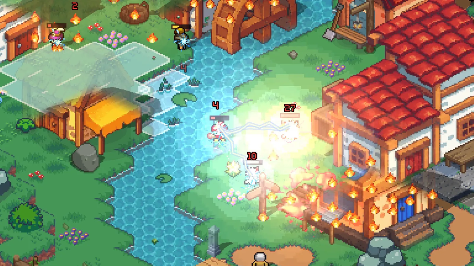 Lightning chaining between warlocks beside a burning house, with damage numbers