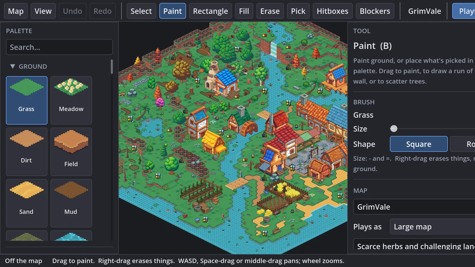 The map editor: a palette of ground types, the GrimVale map with its river, village and farmland, and the paint tool's settings