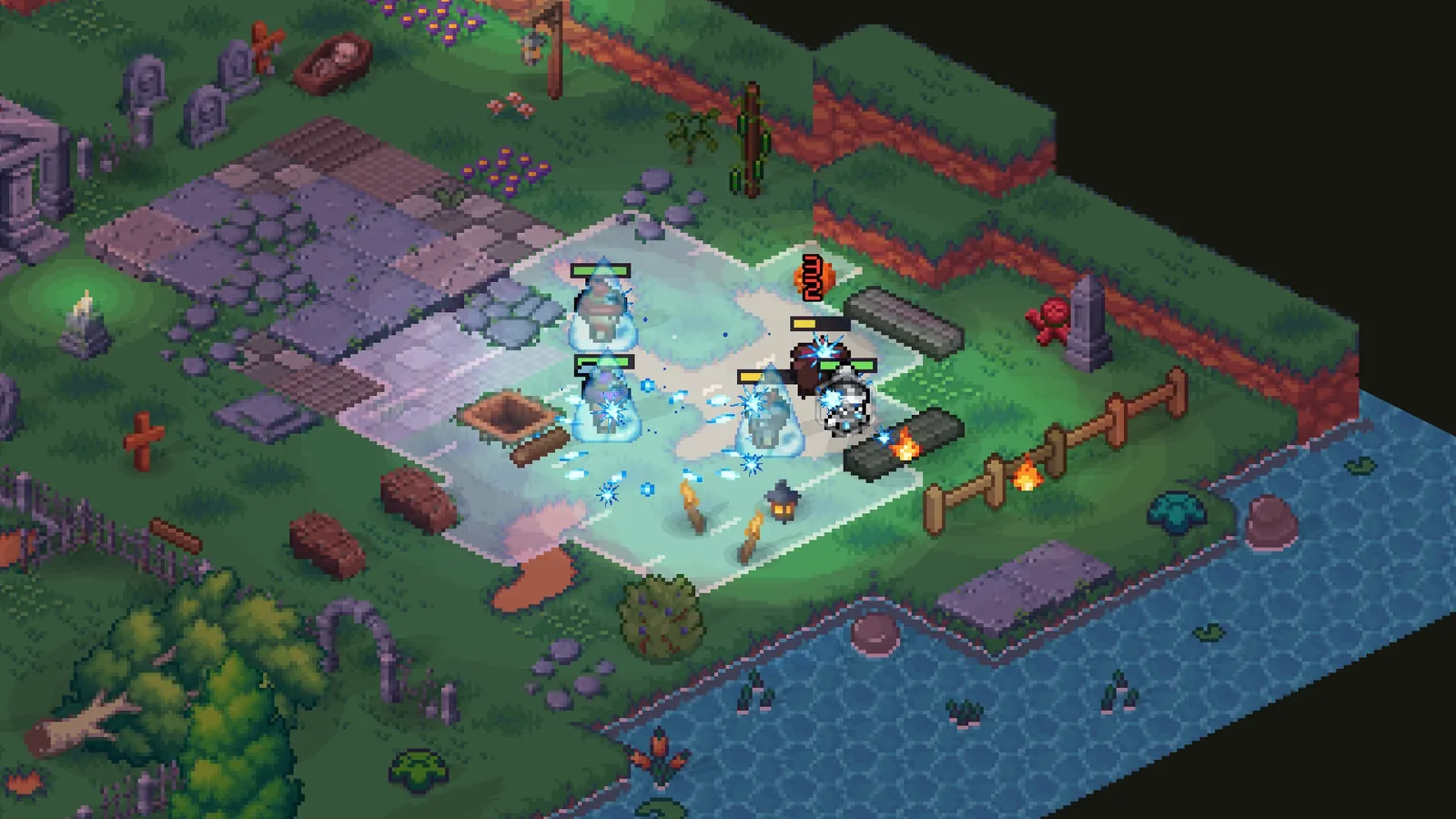 A Freeze spell over a rival team in a graveyard, three warlocks encased in ice
