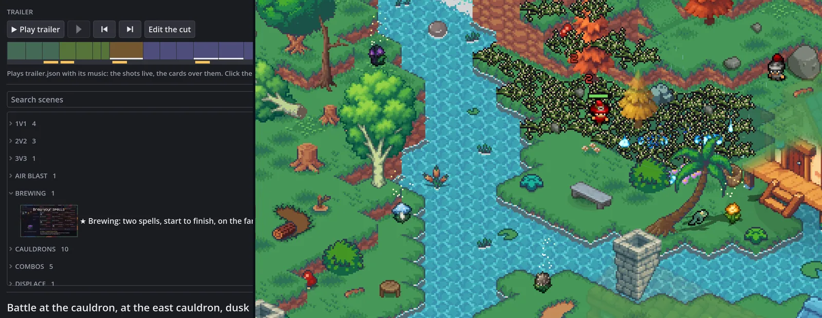 The scene browser beside the game: the trailer's cut as coloured blocks and the scenes listed by kind, with a scene of fire and thorns playing