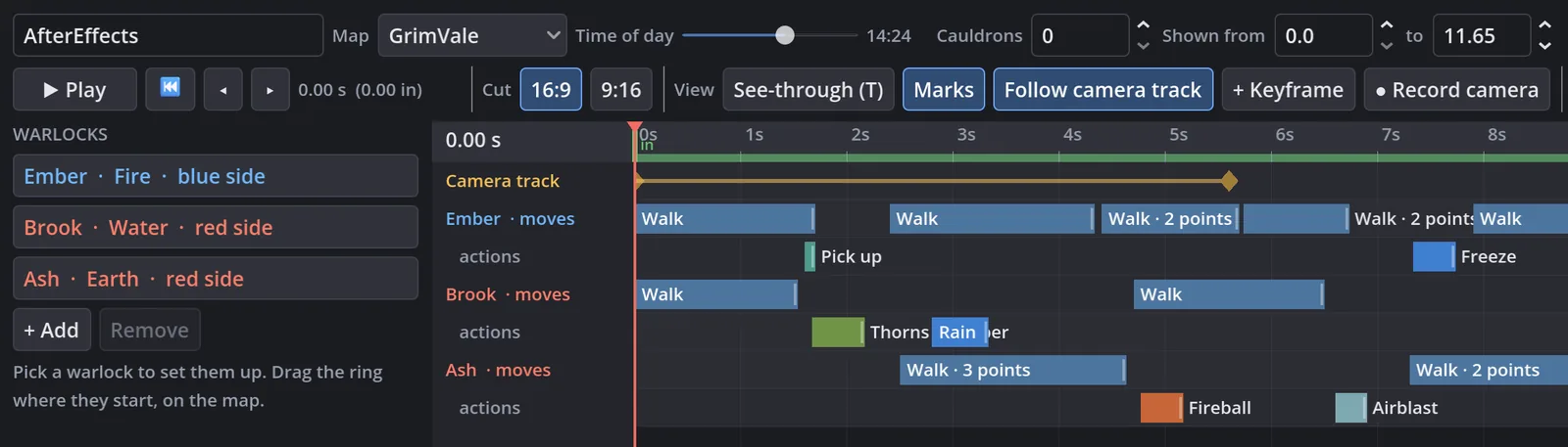 The scene editor: three warlocks with their walks, pick-ups and casts on a timeline, and a camera track