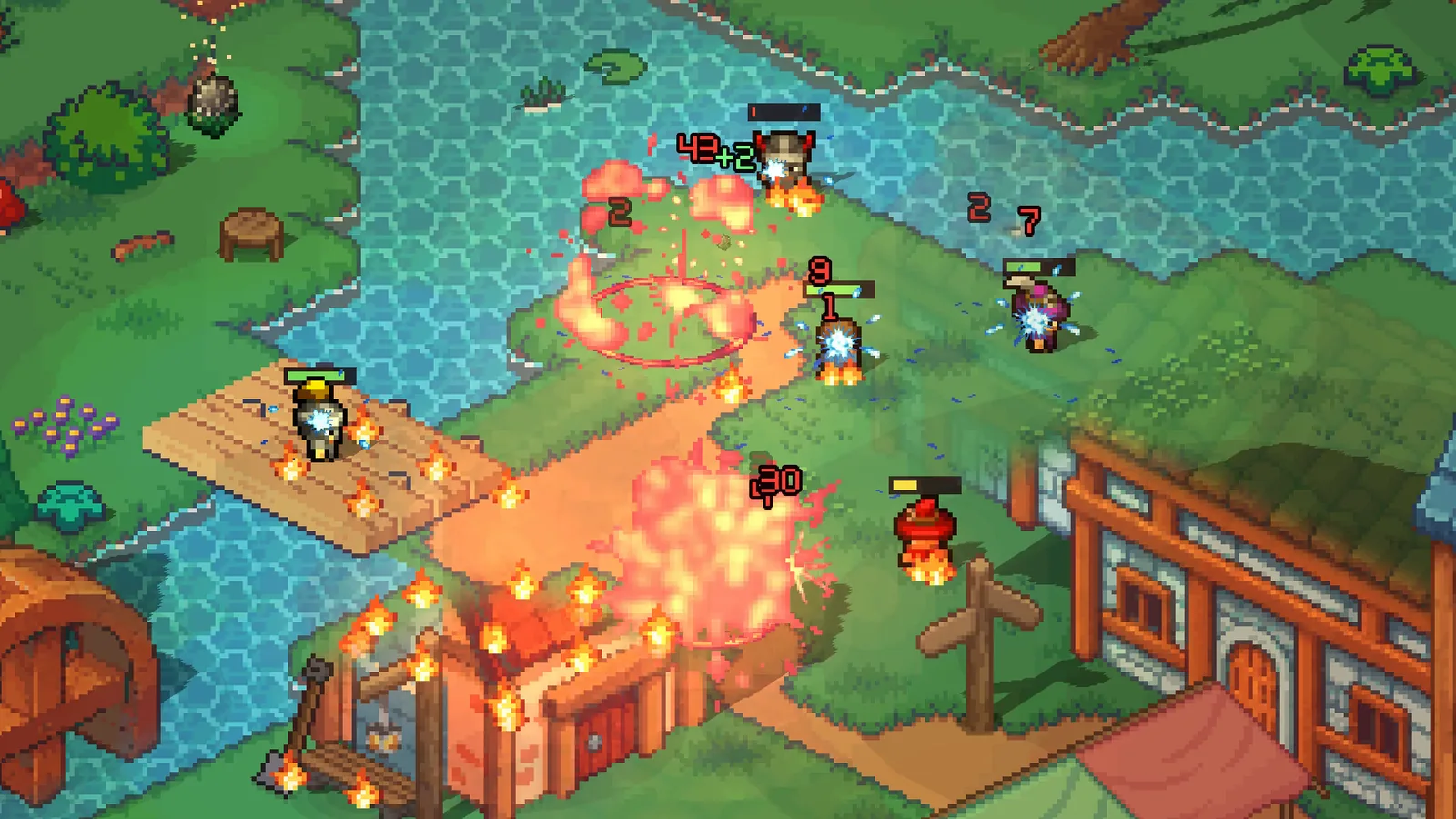 A fight in the village: fireballs bursting, the bridge and a house alight, damage numbers over the warlocks